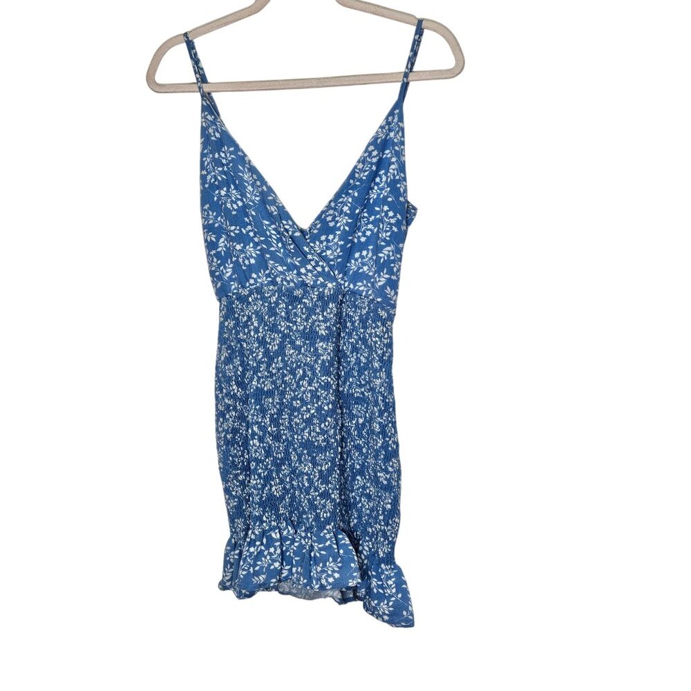 Blue & White Floral Smocked Mini‎ Dress S Ruffle Hem By Olive Tree Cottagecore